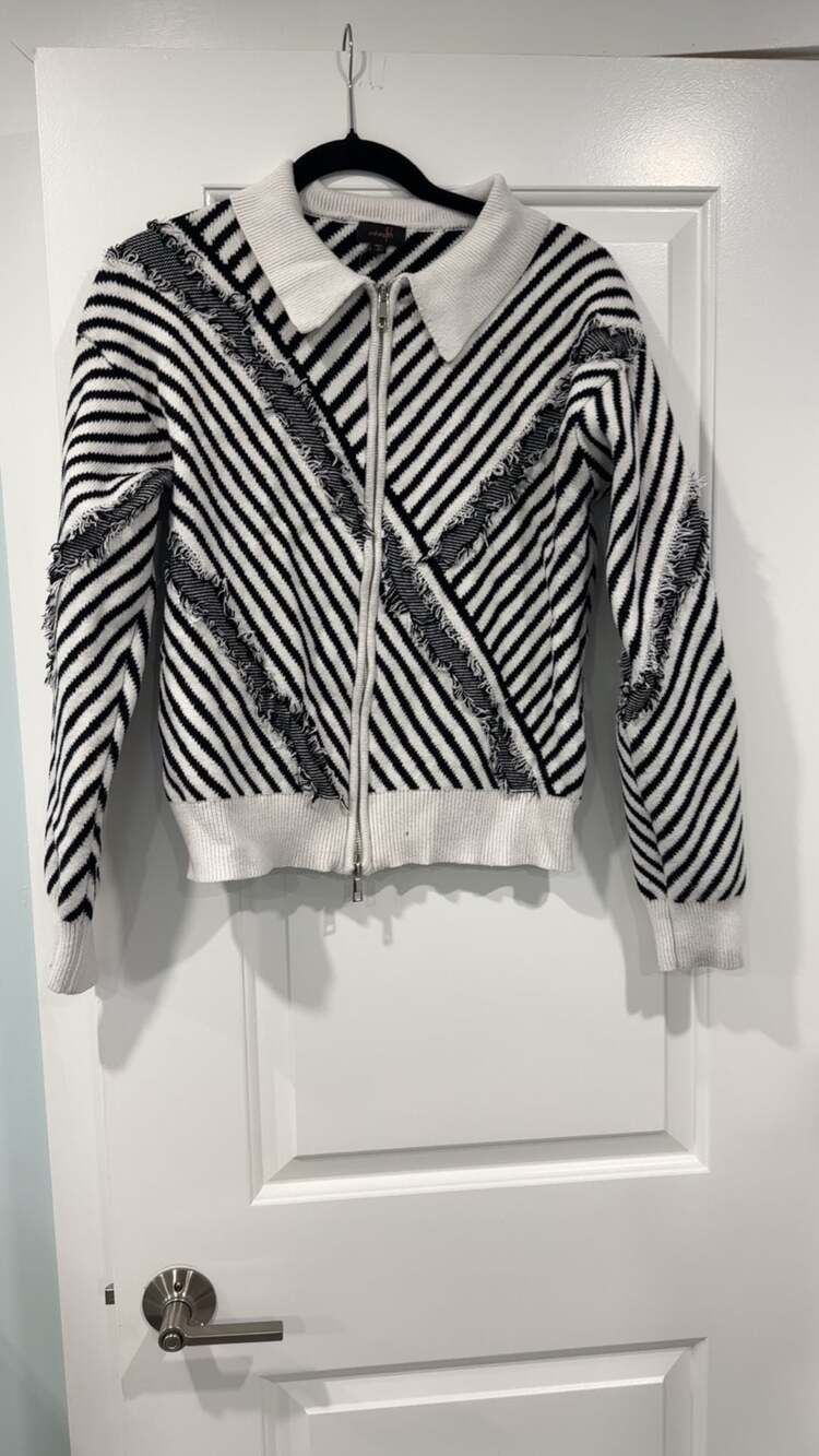 ontwelfth Black and White Striped Full-Zip Cardigan Sweater with Collar Size XL
